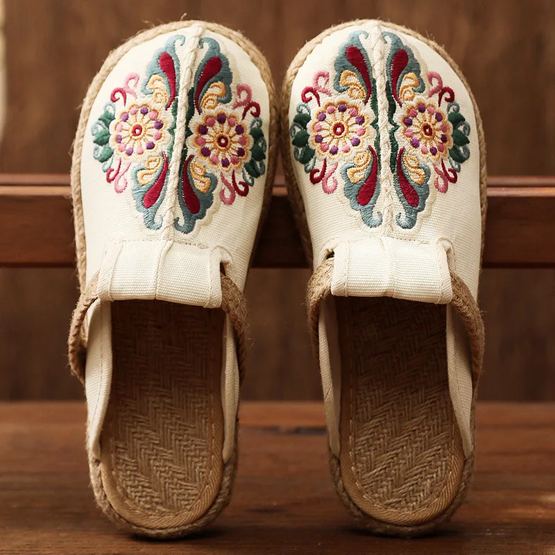 Women'S Shoes Vegan - Women Casual Linen Handmade Embroidery Mules