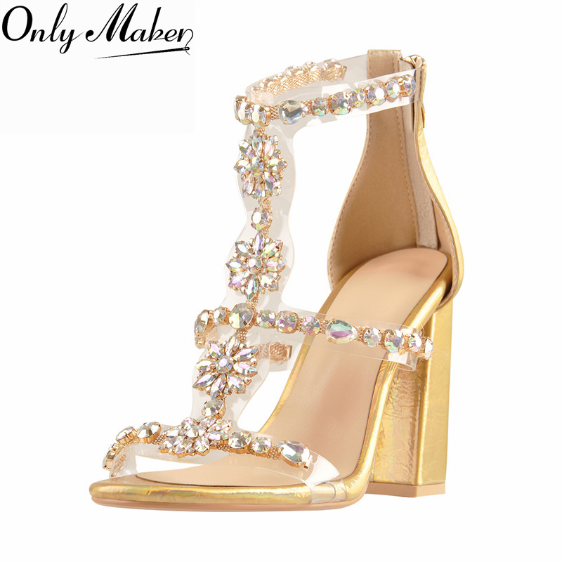 Onlymaker Women Gold Rhineston - Clear Strap Heel 评论和价格