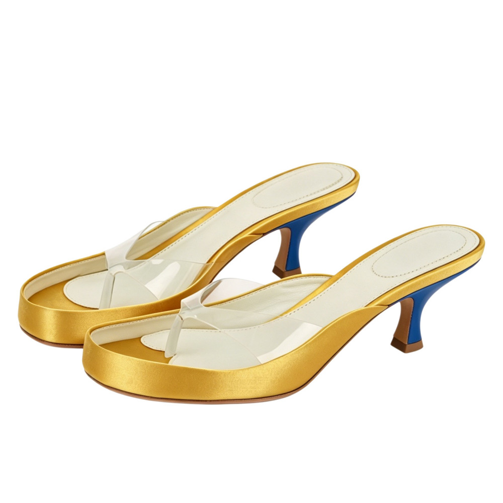 Women Gold Satin Thong Mules C - Clear Strap Heel 评论和价格