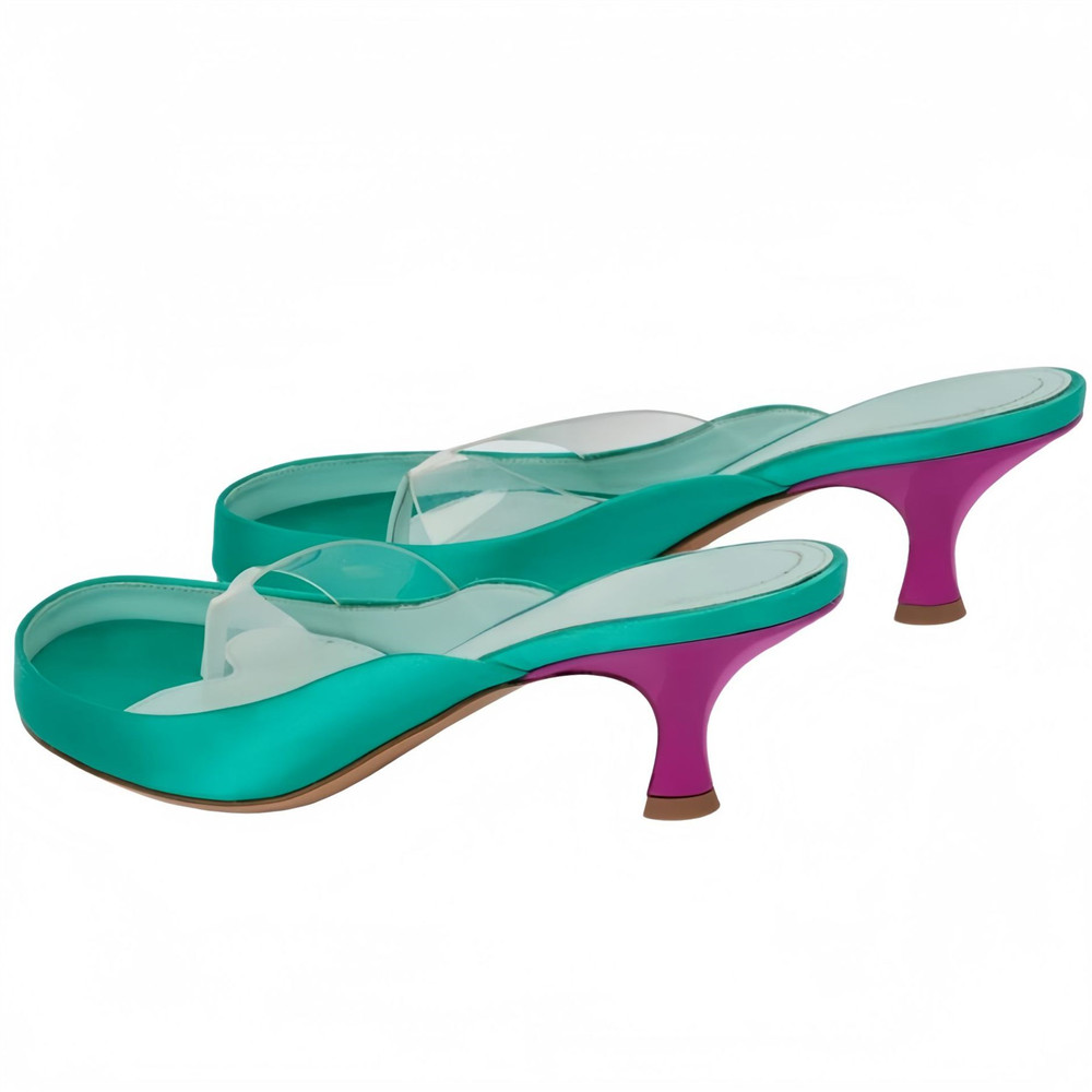 Women Gold Satin Thong Mules C - Clear Strap Heel 评论和价格